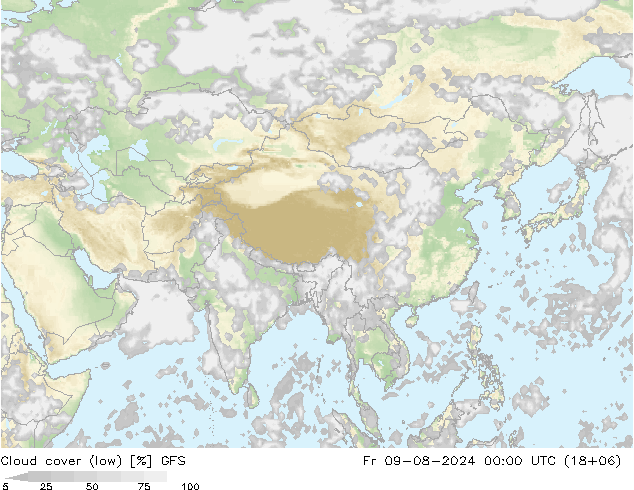 Bewolking (Laag) GFS vr 09.08.2024 00 UTC