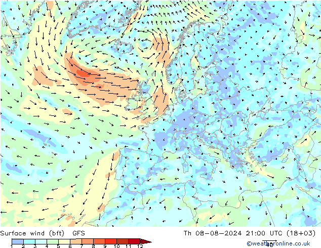 Wind 10 m (bft) GFS do 08.08.2024 21 UTC