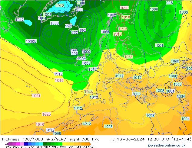 Thck 700-1000 hPa GFS 星期二 13.08.2024 12 UTC