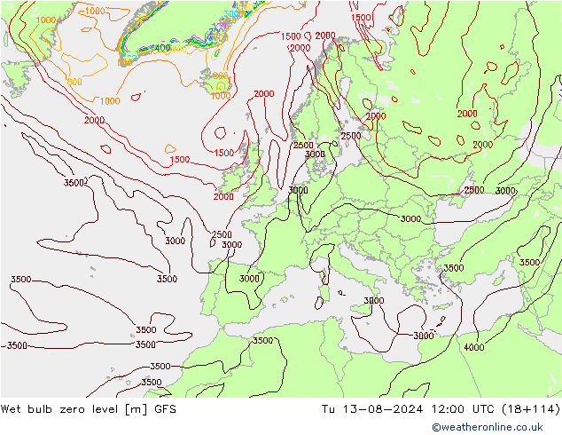 Wet bulb zero level GFS 星期二 13.08.2024 12 UTC