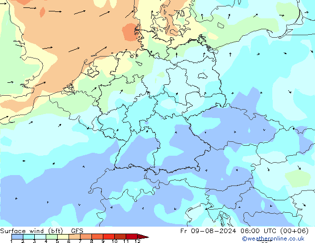 �N 10 米 (bft) GFS 星期五 09.08.2024 06 UTC