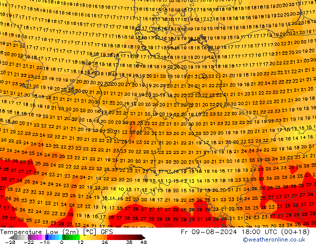 Min.temperatuur (2m) GFS vr 09.08.2024 18 UTC