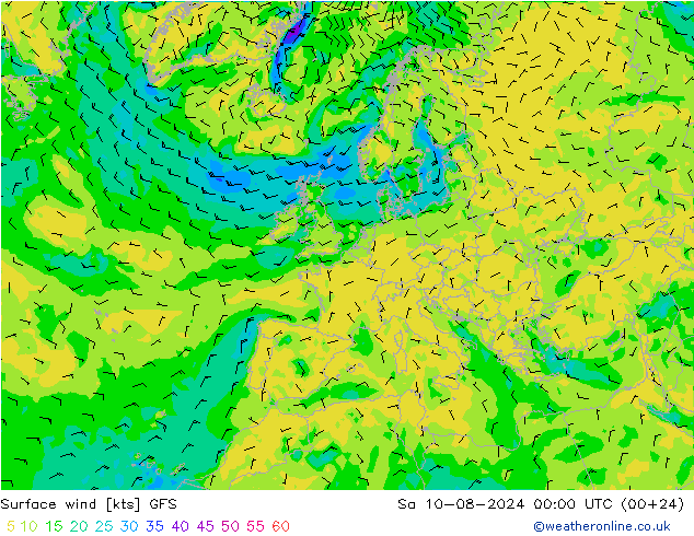 风 10 米 GFS 星期六 10.08.2024 00 UTC