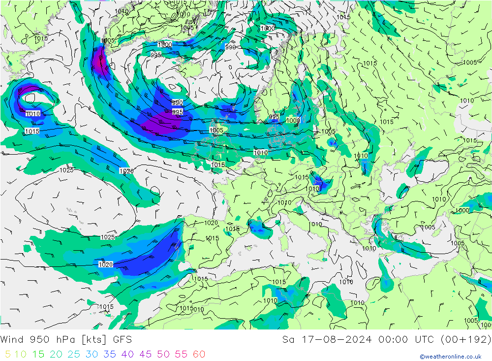 风 950 hPa GFS 星期六 17.08.2024 00 UTC