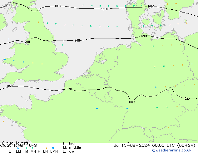 Wolkenlagen GFS za 10.08.2024 00 UTC