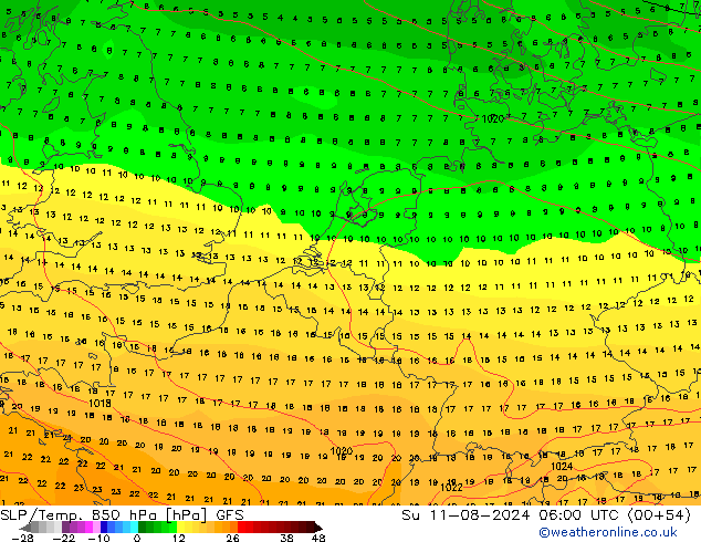 SLP/Temp. 850 hPa GFS 星期日 11.08.2024 06 UTC