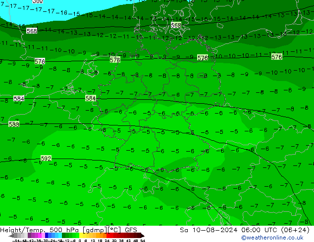 Z500/Rain (+SLP)/Z850 GFS 星期六 10.08.2024 06 UTC