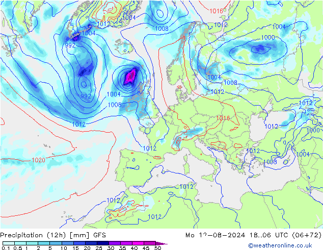 Totale neerslag (12h) GFS ma 12.08.2024 06 UTC