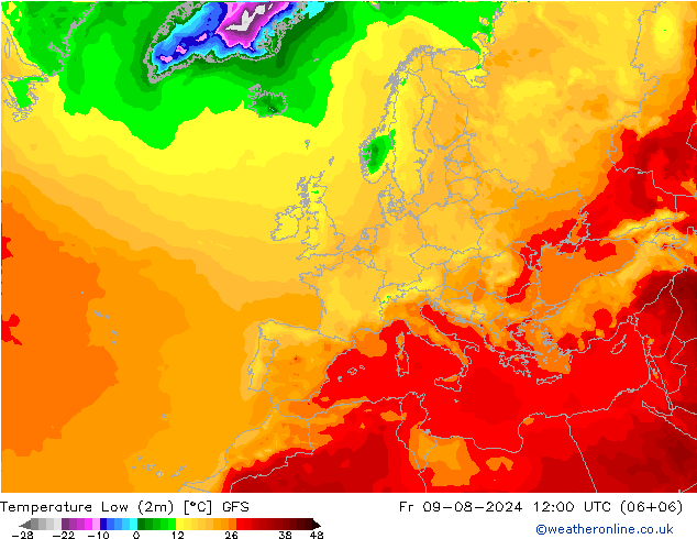 Temperature Low (2m) GFS 星期五 09.08.2024 12 UTC