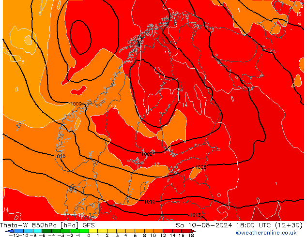 Theta-W 850hPa GFS za 10.08.2024 18 UTC