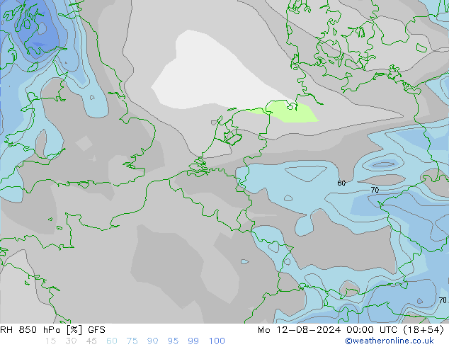 RH 850 hPa GFS 星期一 12.08.2024 00 UTC