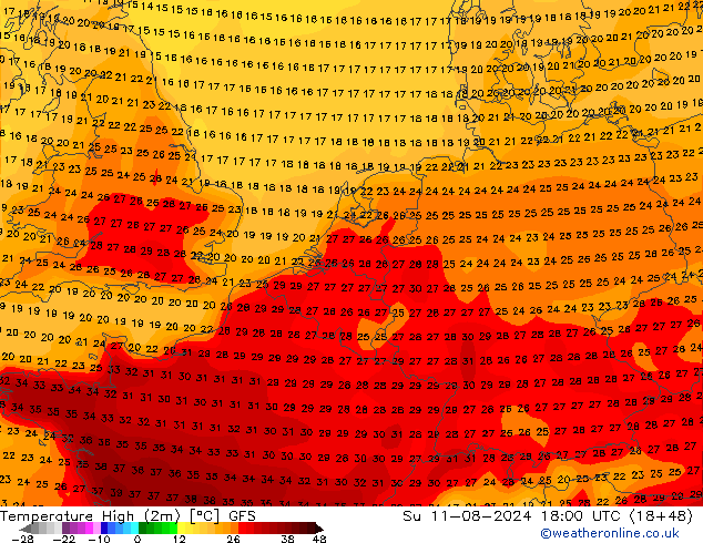 Temperature High (2m) GFS 星期日 11.08.2024 18 UTC