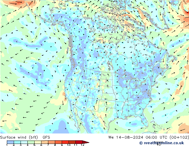 Wind 10 m (bft) GFS wo 14.08.2024 06 UTC