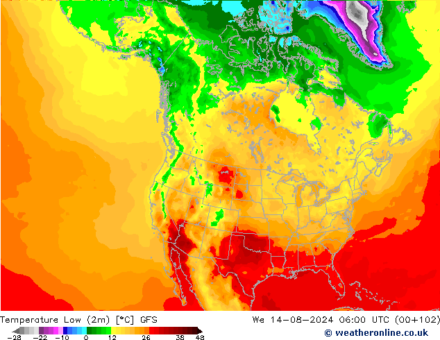 Min.temperatuur (2m) GFS wo 14.08.2024 06 UTC