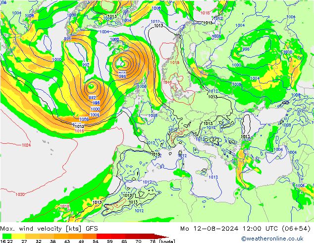 Max. wind velocity GFS 星期一 12.08.2024 12 UTC