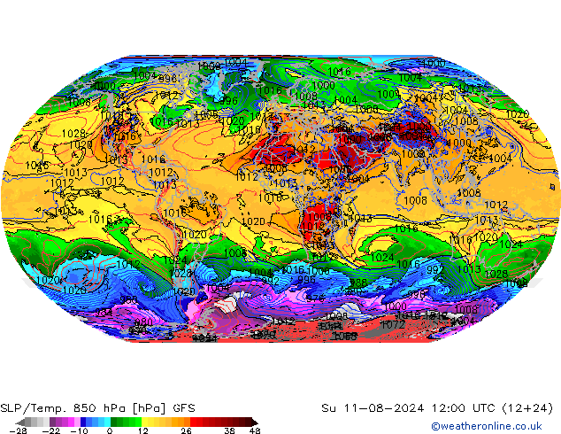 SLP/Temp. 850 hPa GFS zo 11.08.2024 12 UTC