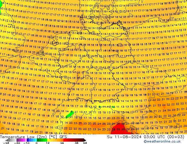 Temperature Low (2m) GFS 星期日 11.08.2024 03 UTC