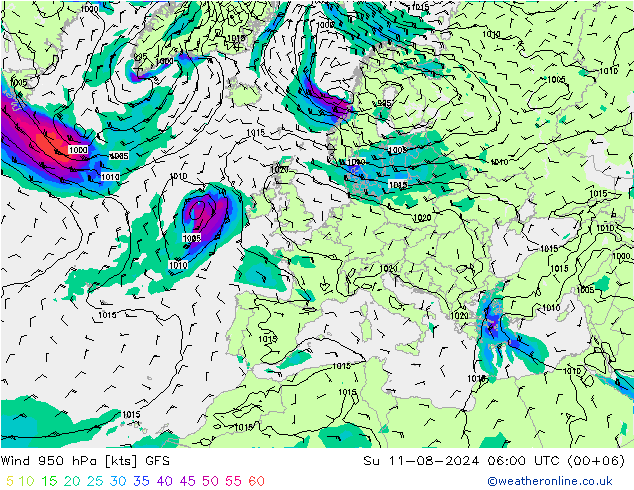 Wind 950 hPa GFS zo 11.08.2024 06 UTC