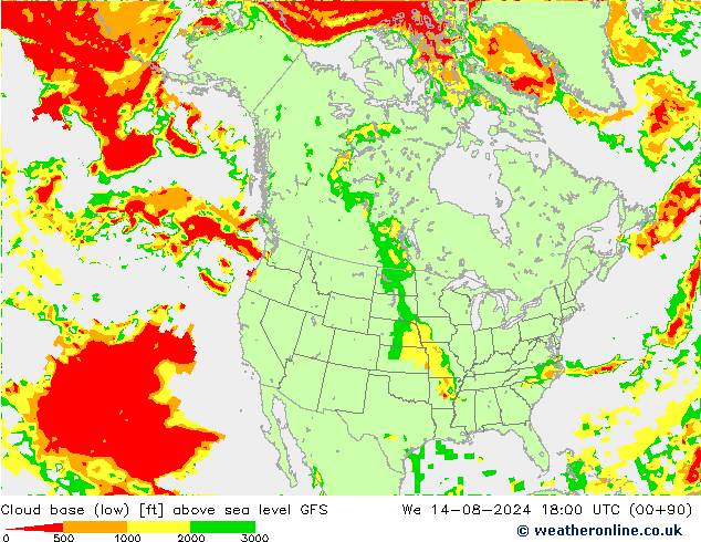 Cloud base (low) GFS 星期三 14.08.2024 18 UTC