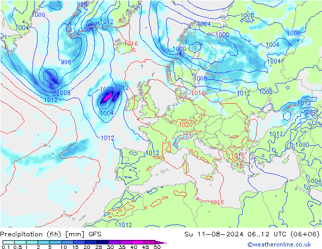 Z500/Rain (+SLP)/Z850 GFS 星期日 11.08.2024 12 UTC