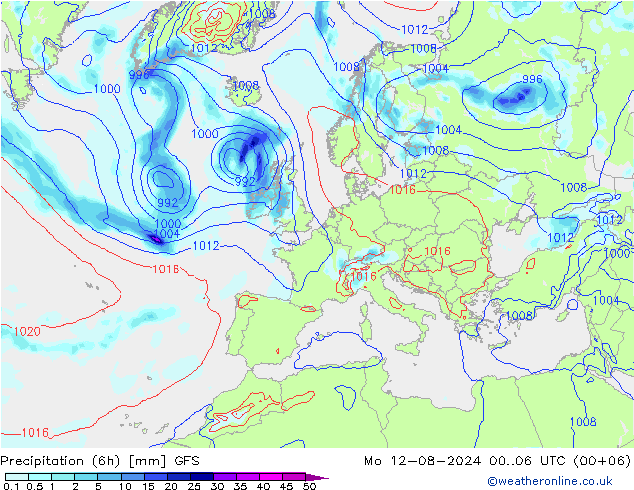 Totale neerslag (6h) GFS ma 12.08.2024 06 UTC