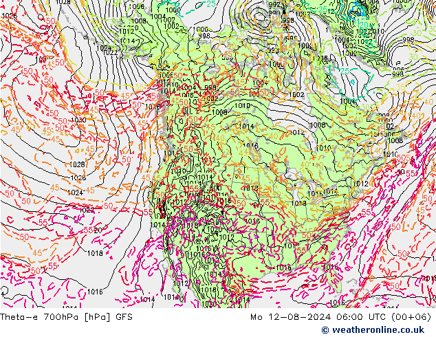 Theta-e 700hPa GFS ma 12.08.2024 06 UTC