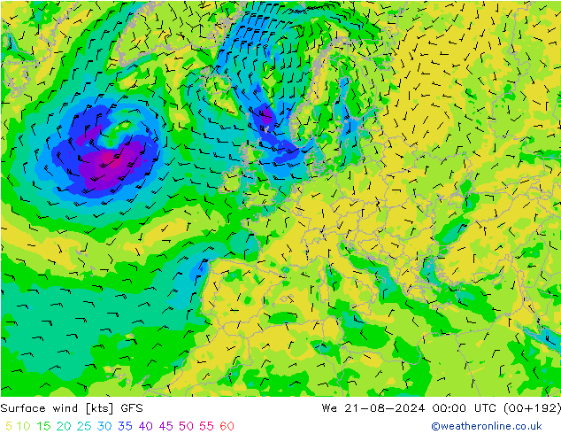 Wind 10 m GFS wo 21.08.2024 00 UTC