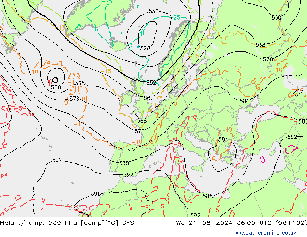 Hoogte/Temp. 500 hPa GFS wo 21.08.2024 06 UTC