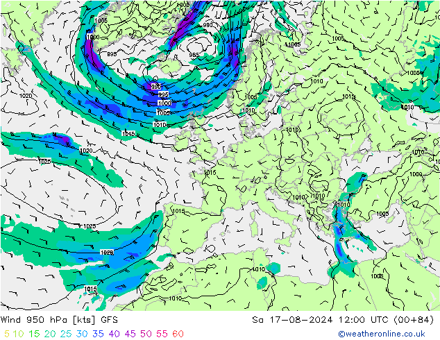 风 950 hPa GFS 星期六 17.08.2024 12 UTC