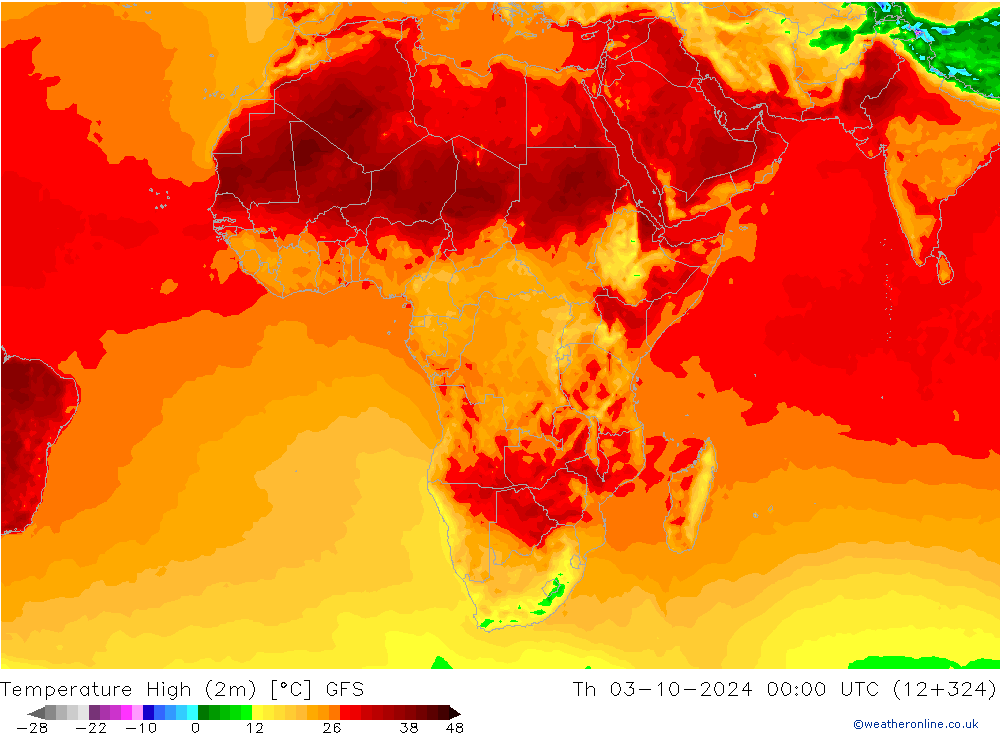 Temperature High (2m) GFS Th 03.10.2024 00 UTC