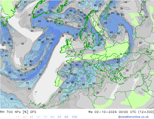 RH 700 hPa GFS We 02.10.2024 00 UTC