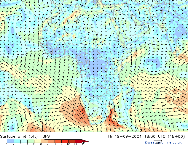 ве�Bе�@ 10 m (bft) GFS чт 19.09.2024 18 UTC