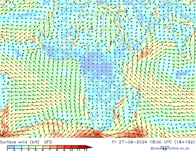 Surface wind (bft) GFS Pá 27.09.2024 18 UTC