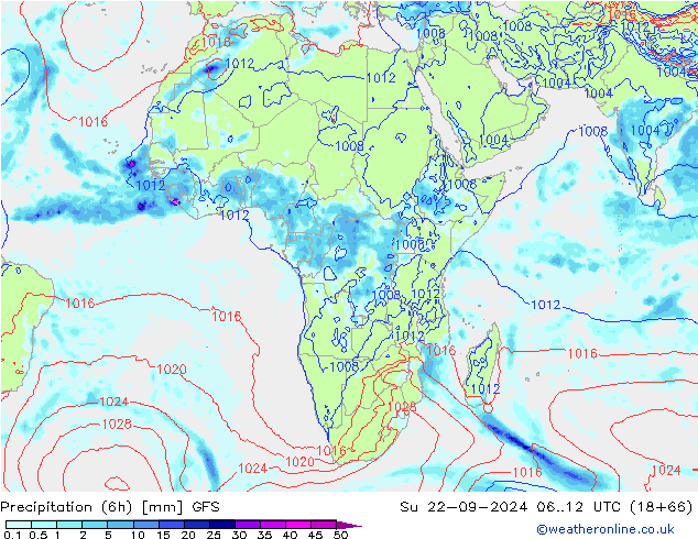 Precipitation (6h) GFS Su 22.09.2024 12 UTC