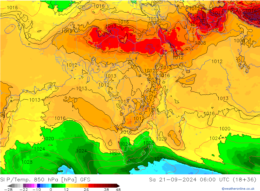 SLP/Temp. 850 hPa GFS sáb 21.09.2024 06 UTC