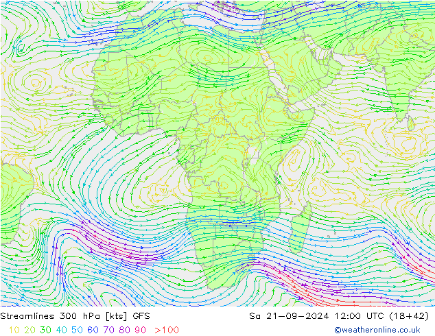 Streamlines 300 hPa GFS Sa 21.09.2024 12 UTC