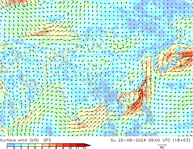 Surface wind (bft) GFS Su 22.09.2024 09 UTC