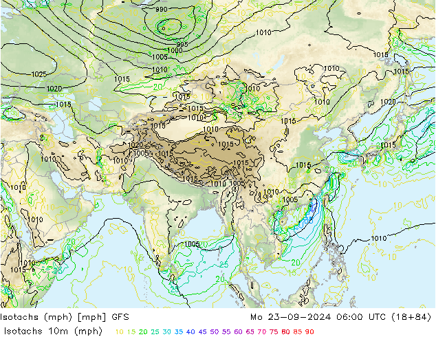 Izotacha (mph) GFS pon. 23.09.2024 06 UTC