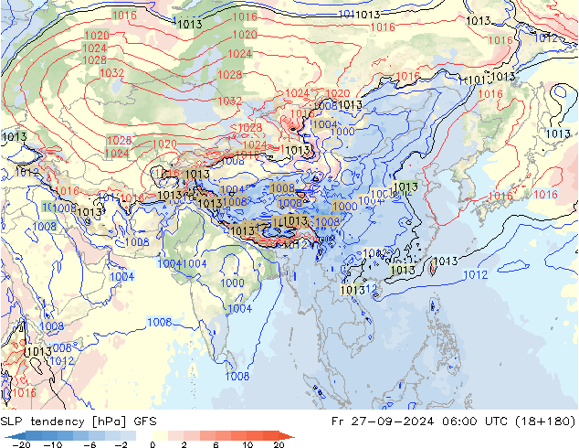 SLP tendency GFS Fr 27.09.2024 06 UTC