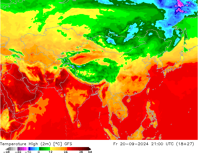 Max. Temperatura (2m) GFS pt. 20.09.2024 21 UTC