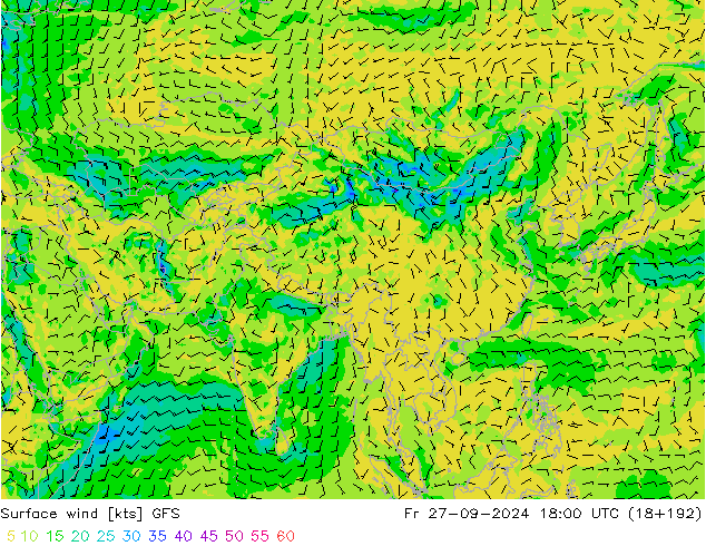 Rüzgar 10 m GFS Cu 27.09.2024 18 UTC