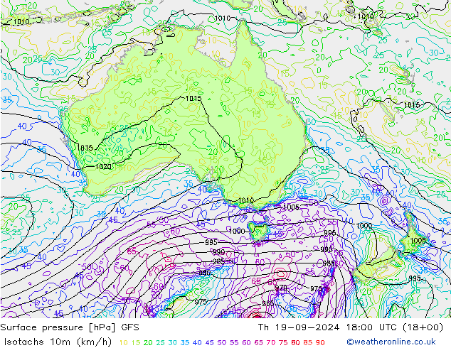 Izotacha (km/godz) GFS czw. 19.09.2024 18 UTC