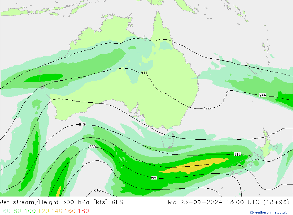 Jet stream/Height 300 hPa GFS Po 23.09.2024 18 UTC