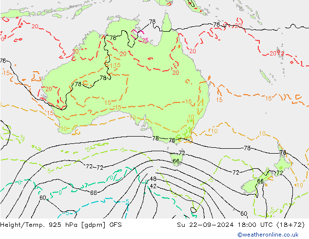 Yükseklik/Sıc. 925 hPa GFS Paz 22.09.2024 18 UTC