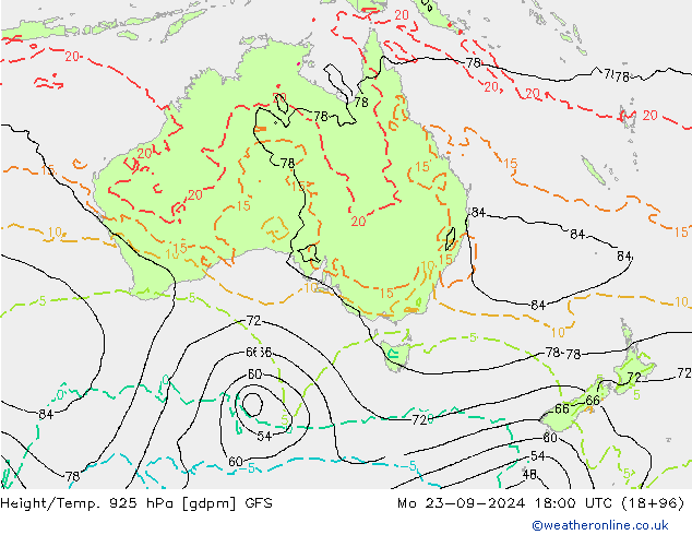 Height/Temp. 925 hPa GFS Po 23.09.2024 18 UTC