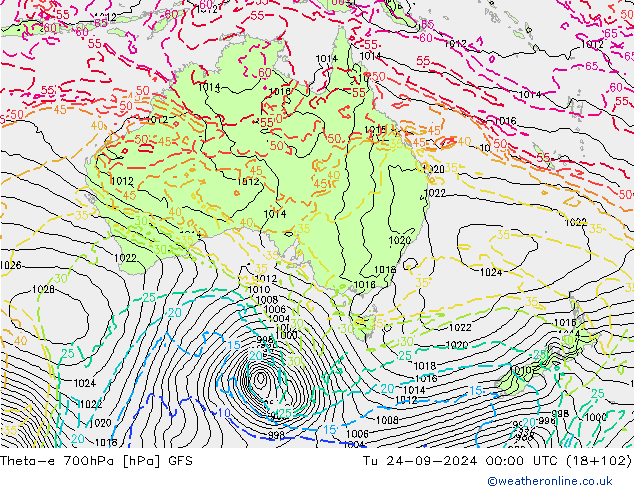 Theta-e 700hPa GFS Tu 24.09.2024 00 UTC