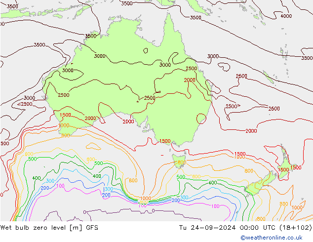 Wet bulb zero level GFS Tu 24.09.2024 00 UTC