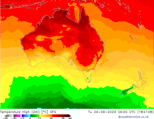 Nejvyšší teplota (2m) GFS Út 24.09.2024 06 UTC