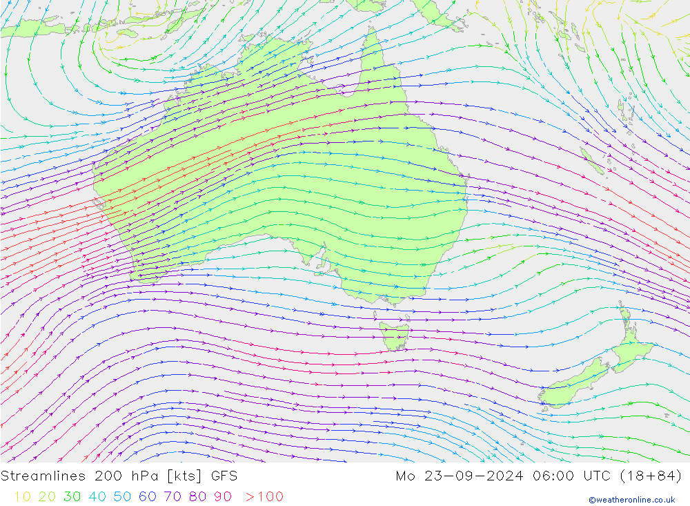 Linea di flusso 200 hPa GFS lun 23.09.2024 06 UTC