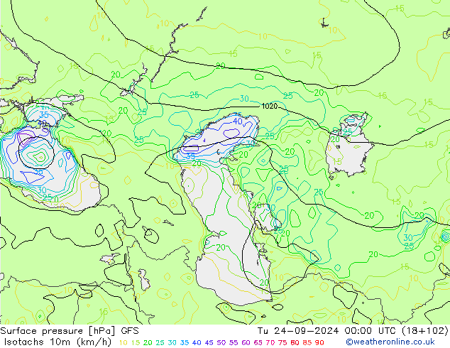 Eşrüzgar Hızları (km/sa) GFS Sa 24.09.2024 00 UTC